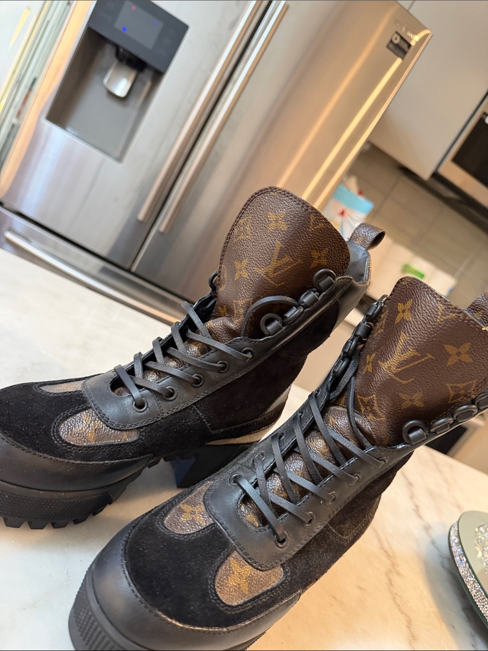 Black Suede Combat Boots with Brown Monogram Accents size 36 1/2
